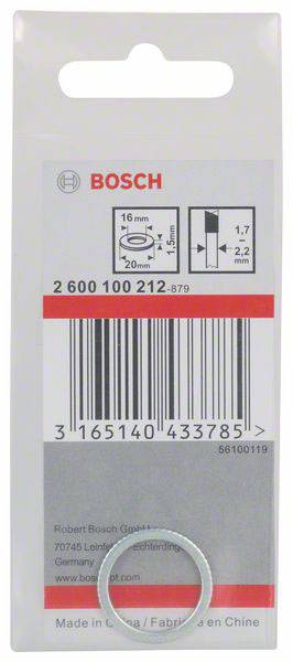 'Bosch' Waschring-Verpackung. Zeigt Abmessungen: Außendurchmesser 16mm, Innendurchmesser 10,5mm, Dicke 1,7mm. Barcode unten.