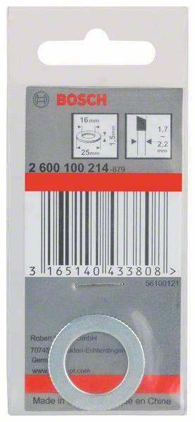 Verpackung einer Bosch-Unterlegscheibe. Enthält Produktnummer 2 600 100 214, Barcode und Bild zur Anwendung der Scheibe, Maße: 16x25mm.
