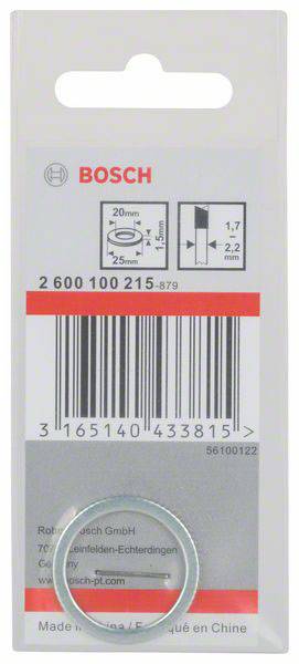 Verpackung für Bosch Unterlegscheiben, enthält Barcodelabel und Produktinformationen. Größe: 26 mm Außendurchmesser, 25 mm Innendurchmesser, 1,7 mm Dicke.