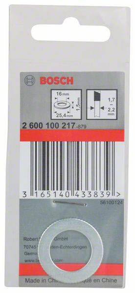 Eine Bosch-Unterlegscheibe mit den Maßen 16 mm innen, 25,4 mm außen, 1,7 mm Stärke. Verpackung zeigt Barcode und Herstellerangaben.