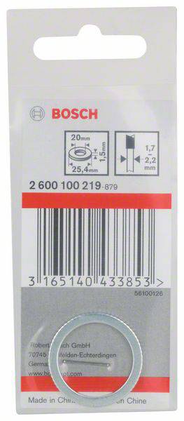 Verpackung für Bosch-Stützscheibe, Maße: 20 mm Innen- und 25,4 mm Außendurchmesser. EAN 3165140433853. Für Schleifgeräte. Made in China.