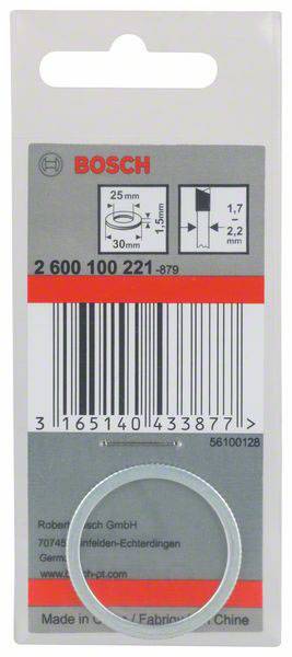Verpackung einer Bosch-Unterlegscheibe, Durchmesser 25 mm, Strichcode, Produktnummer 2 600 100 221. Hergestellt in China.
