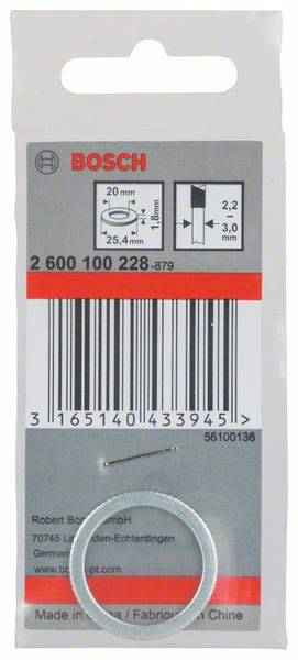 Verpackung einer Bosch-Unterlegscheibe, Maße 20 x 25,4 x 1,8 mm. Strichcode und Herstelleradresse sichtbar.