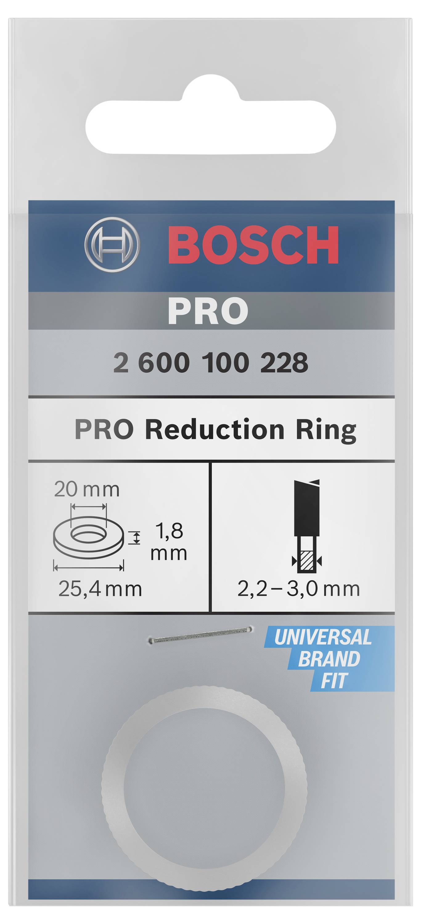 Verpackung eines Bosch PRO Reduzierrings, 20 mm Innendurchmesser, 25,4 mm Außendurchmesser, passend für 2,2-3,0 mm.