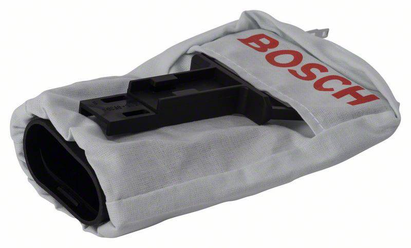 Staubauffangbeutel mit rotem 'BOSCH'-Aufdruck und Befestigungselement, dient zur Staubaufnahme bei Bosch-Geräten.