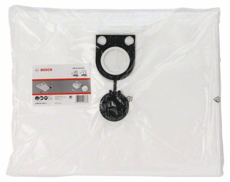 Ein weißer Staubsaugerbeutel von Bosch in Plastikverpackung mit schwarzem Anschlussring.