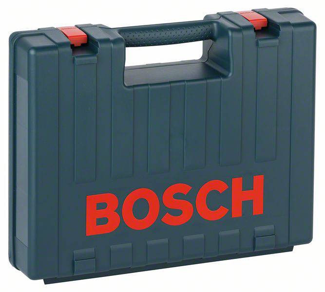 Ein grüner Koffer mit rotem 'BOSCH'-Logo darauf. Es hat einen Griff aus Plastik und rote Verschlüsse an der Oberseite.