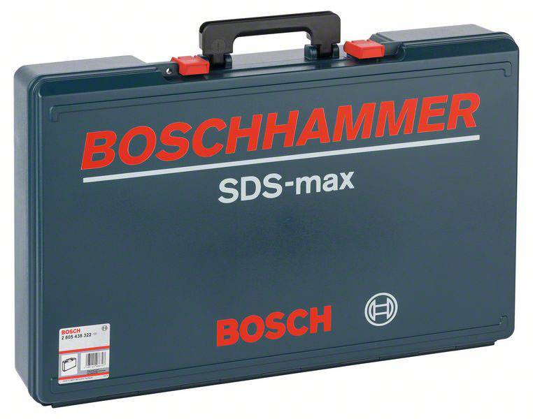 Ein Werkzeugkoffer mit der Aufschrift 'BOSCHHAMMER SDS-max' in Rot und Weiß, geeignet für einen Boschhammer, mit Tragegriff.