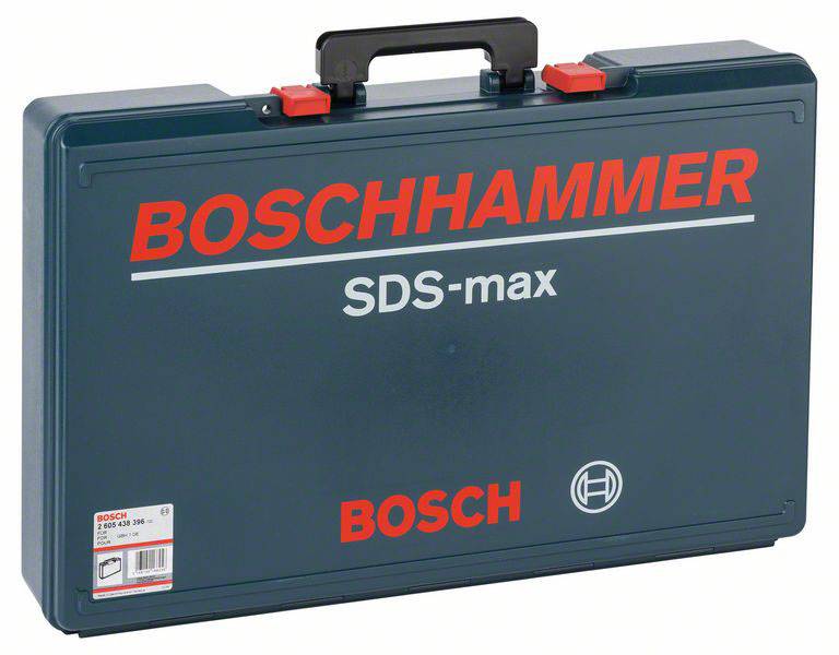 Blauer Kunststoffkoffer mit rotem 'Boschhammer SDS-max'-Logo und Tragegriff, geeignet für Elektrowerkzeuge der Marke Bosch.