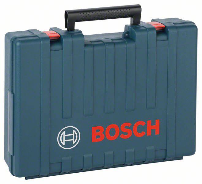 Ein dunkelblauer Werkzeugkoffer mit dem roten Schriftzug 'BOSCH' und dem Firmenlogo, geeignet zum sicheren Aufbewahren von Werkzeugen.