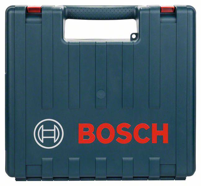 Ein blauer Kunststoffkoffer mit dem roten 'BOSCH'-Logo und dem weißen Bosch-Emblem darunter, verwendet für die Aufbewahrung von Werkzeugen.