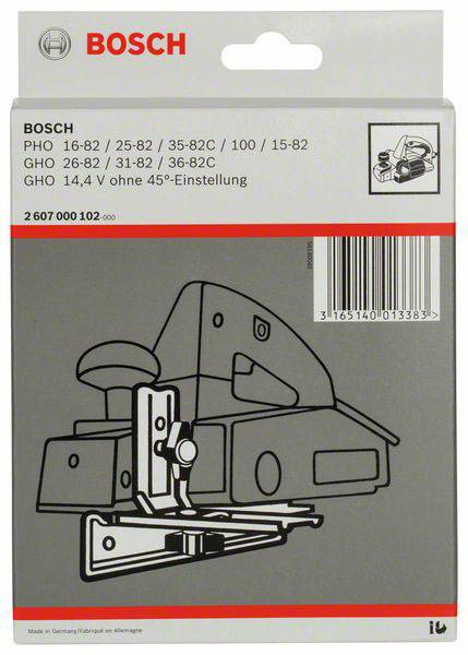 'Bosch' Handhobel Verpackung, Modellnummern und Barcode sichtbar. Werkzeugabbildung auf grauem Hintergrund.