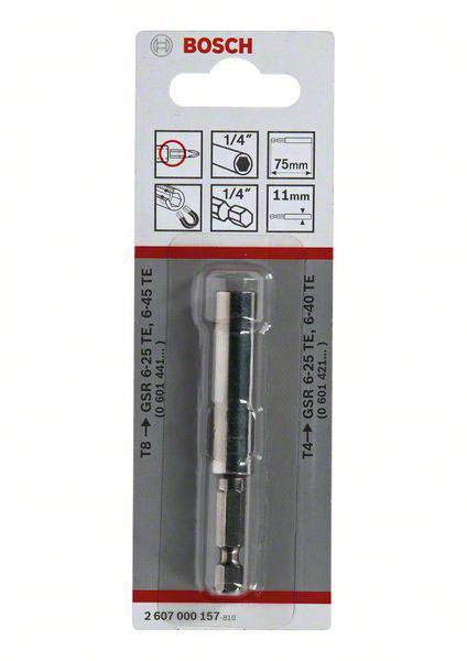 'Bosch' Bitsatz-Verpackung mit zwei Bits. Links technische Zeichnungen der Bits, rechts die Maße: 1/4