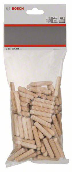 Eine transparente Plastiktüte enthält viele hölzerne Dübelstifte. Oben steht das Markenlogo 'Bosch' in Rot.