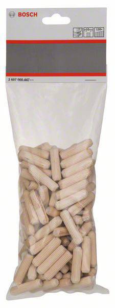 Ein Beutel mit Holzdübeln von Bosch, enthält viele zylindrische Dübel, geeignet für die Holzverbindung in Möbel- oder Bauprojekten.