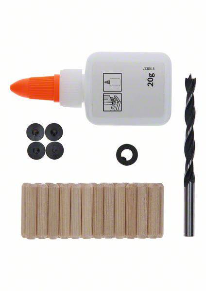 Klebeset mit Holzleim, Holzdübeln, Bohrer und kleinen schwarzen Ringen, dargestellt auf weißem Hintergrund.