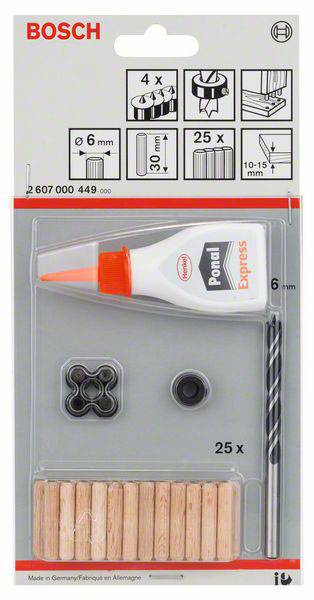 Bosch-Holzreparaturset mit Ponall Express Kleber, Dübel, Bohrer und Abstandshalter. Optimal für präzise Holzverbindungen.