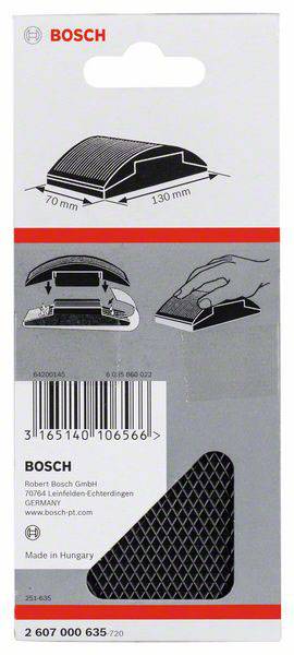Verpackung eines Bosch-Schleifblocks mit den Maßen 70x130 mm. Zeigt das Gerät, Anwendungshinweise und Herstellerinformationen.