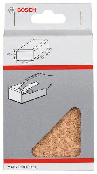 Verpackung von Bosch-Schleifklotz mit Maßen und Abbildung der Handhabung.
