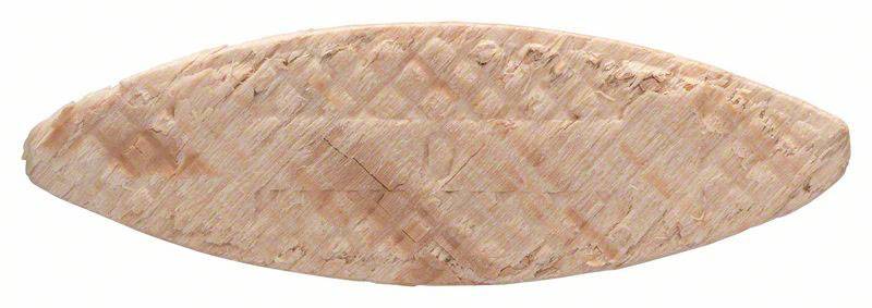 Ein Holzdübel in Ovalform, oft verwendet für Holzverbindungen, aus hellbraunem, texturierten Material mit Rillen für besseren Halt.