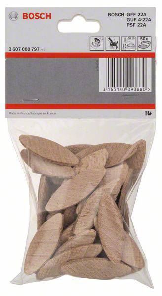 Eine Packung Holzverbindungsplättchen der Marke Bosch, 50 Stück, Modell GFF 22A. Verpackung mit Produktinformationen und Strichcode.