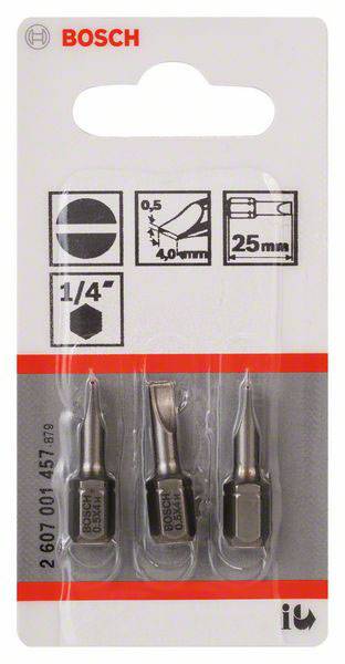 Drei Bosch-Schraubendreheraufsätze in unterschiedlicher Form in einer Plastikverpackung. Länge: 25mm, Größe: 1/4 Zoll.