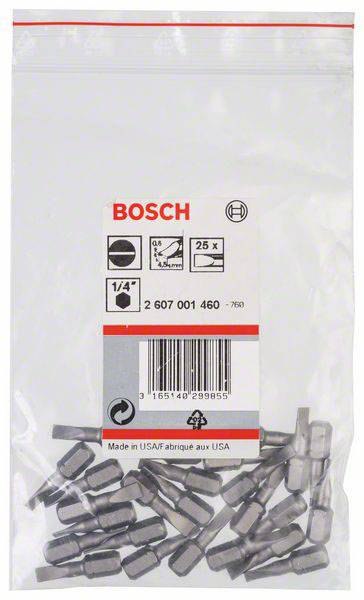 Tüte Bosch Schrauberbits, 25 Stück, 1/4 Zoll Größe, USA hergestellt. Enthält Bithalter Bild und Barcode unten rechts.