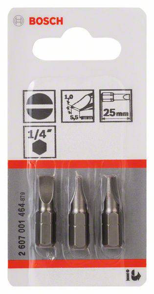 Verpackung mit drei Schraubendreher-Bits von Bosch, 25 mm lang, mit verschiedenen Köpfen für werkzeuglosen Austausch im 1/4 Zoll-System.