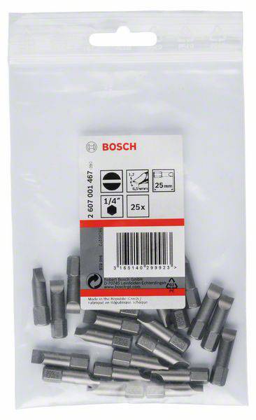 Eine Tüte mit 25 Bosch-Schrauberbits, 25 mm lang, für 1/4 Zoll Schraubendreher, Modellnummer erkennbar oben auf der Verpackung.