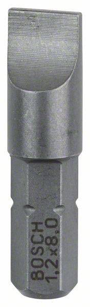 Ein Bosch Schraubendreher-Bit aus Metall für Schlitzschrauben, Größe 12 x 1,6 mm, geeignet für den Einsatz mit Elektrowerkzeugen.