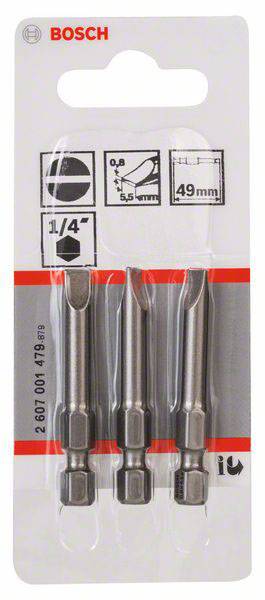 Drei Bosch-Schraubendreherbits mit sechskantiger Befestigung, 49 mm Länge, auf einer Kartenverpackung mit technischen Informationen.