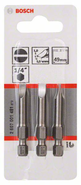 'Bosch' Verpackung mit drei 49 mm Schraubendrehern, 1/4 Zoll Aufnahme. Verpackung mit Produktdetails und Maßen.