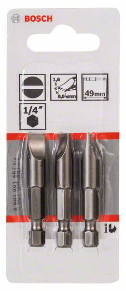 Drei Bosch Bohrerbits auf Blisterverpackung: Schlitzfront, Größenangabe '1/4'', 49mm'. Eignung für diverse Anwendungen angedeutet.