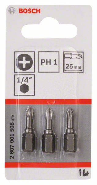 Drei Bosch PH 1 Kreuzschlitz-Bitaufsätze, 25 mm lang, für Schraubendreher.