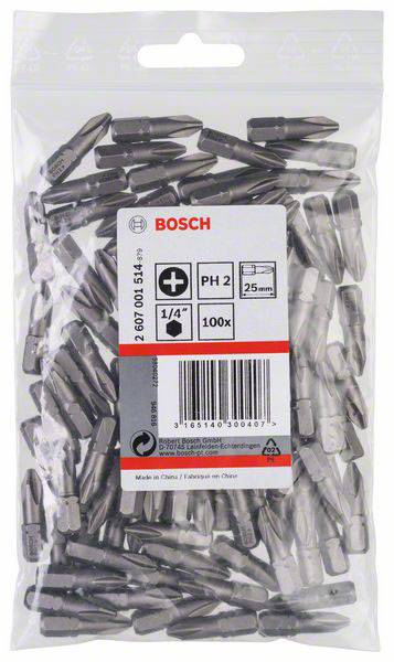 Eine Tüte mit 100 Bosch PH2 Schraubendreherbits, 25 mm lang, für 1/4 Zoll Halterungen. Verpackung gibt Details zur Größe und Menge.