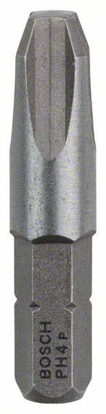 Ein Bosch PH4P Schrauberbit aus Metall für Kreuzschlitzschrauben, in zylindrischer Form mit spitzem Ende, grau.
