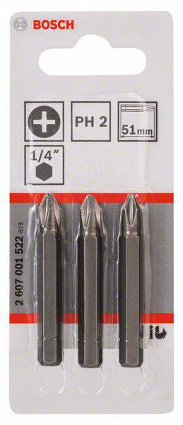 Drei Bosch PH2 Schraubendreher-Bits, 51mm lang, 1/4 Zoll, in Verpackung.