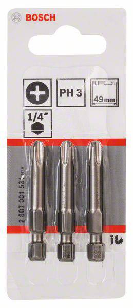 Drei Bosch PH3 Kreuzschlitzschraubendreher-Bits, 49 mm, auf Blisterverpackung. Geeignet für 1/4-Zoll-Werkzeuge.