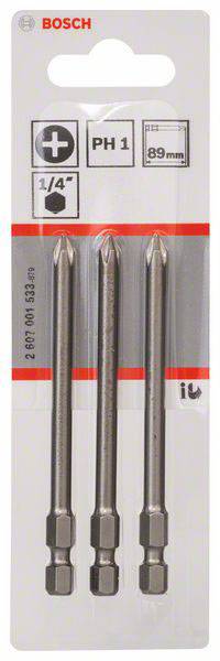 'Drei Bosch PH1-Schrauberbits, 89 mm lang, auf Pappverpackung befestigt. Geeignet für 1/4