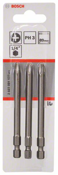 Drei Bosch PH3 Schraubendreher-Bits in einer Blisterverpackung, Länge 89 mm, geeignet für 1/4 Zoll Halterungen.