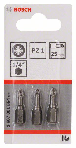 Drei Schraubendrehereinsätze 'PZ 1' von 25 mm Länge in Verpackung, Marke Bosch. Geeignet für 1/4-Zoll-Werkzeuge.