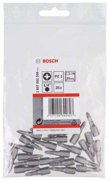 Tüte mit 25 Schraubendreher-Bits von Bosch, PZ 1, 25 mm. Enthält Produktinformationen und Strichcode auf der Verpackung.