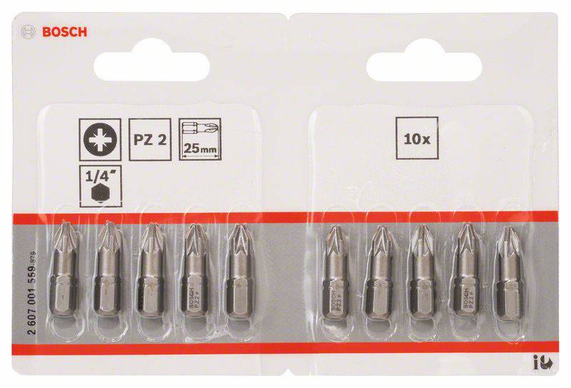 Bosch Schraubendreher-Bits PZ 2, 25 mm, 1/4 Zoll, 10 Stück in Verpackung.