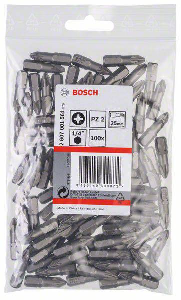 Bosch-Tasche mit 100 Metallbits PZ 2, 25 mm lang. Verpackung mit Barcode und Etikett 'Made in China'.