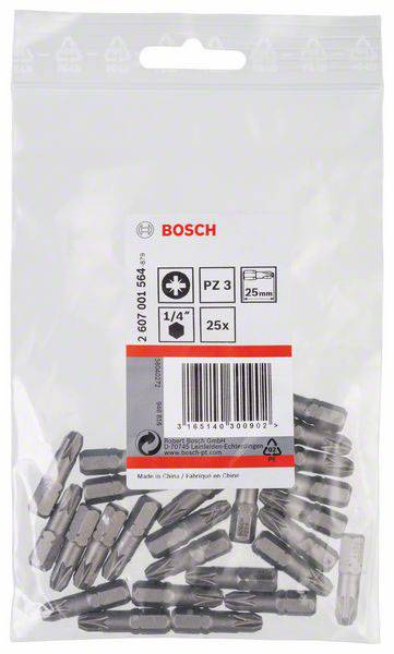 Eine transparente Tüte mit 25 Schrauber-Bits der Marke Bosch, Größe PZ 3, 25 mm Länge. Verpackung zeigt Produktinformationen.