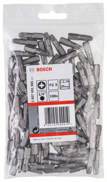 Ein Beutel mit 100 Bosch Schraubendreher-Bits, Größe PZ3, 25 mm Länge, 1/4 Zoll. Hergestellt in China.