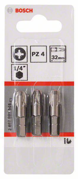 Drei Bosch PZ 4 Schrauberbits, 32 mm, geeignet für 1/4 Zoll Schraubendreher, in Kunststoffverpackung.