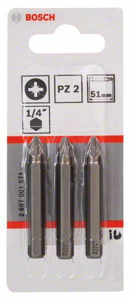 Drei PZ-2 Schrauberbits von Bosch auf einer Karte, 51 mm lang, geeignet für 1/4 Zoll Halterungen, für Holz- oder Metallarbeiten.