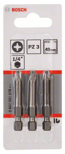 Drei Bosch Schrauberbits in einer Verpackung, Pozidriv PZ 3, Länge 49 mm, 1/4 Zoll Sechskantschaft, geeignet für verschiedene Schraubarbeiten.