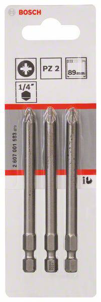 Drei Bosch Pozidriv PZ2 Schrauberbits, 89 mm lang, auf einer Blisterverpackung, geeignet für 1/4" Werkzeuge, für vielfältige Anwendungen.